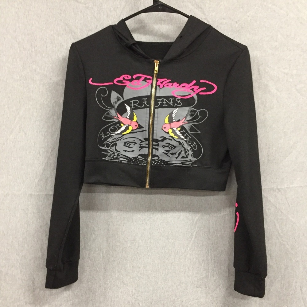 Ed Hardy Black Cropped Zip Up Hoodie Tiger Love Kills Slowly Tattoo Graphic